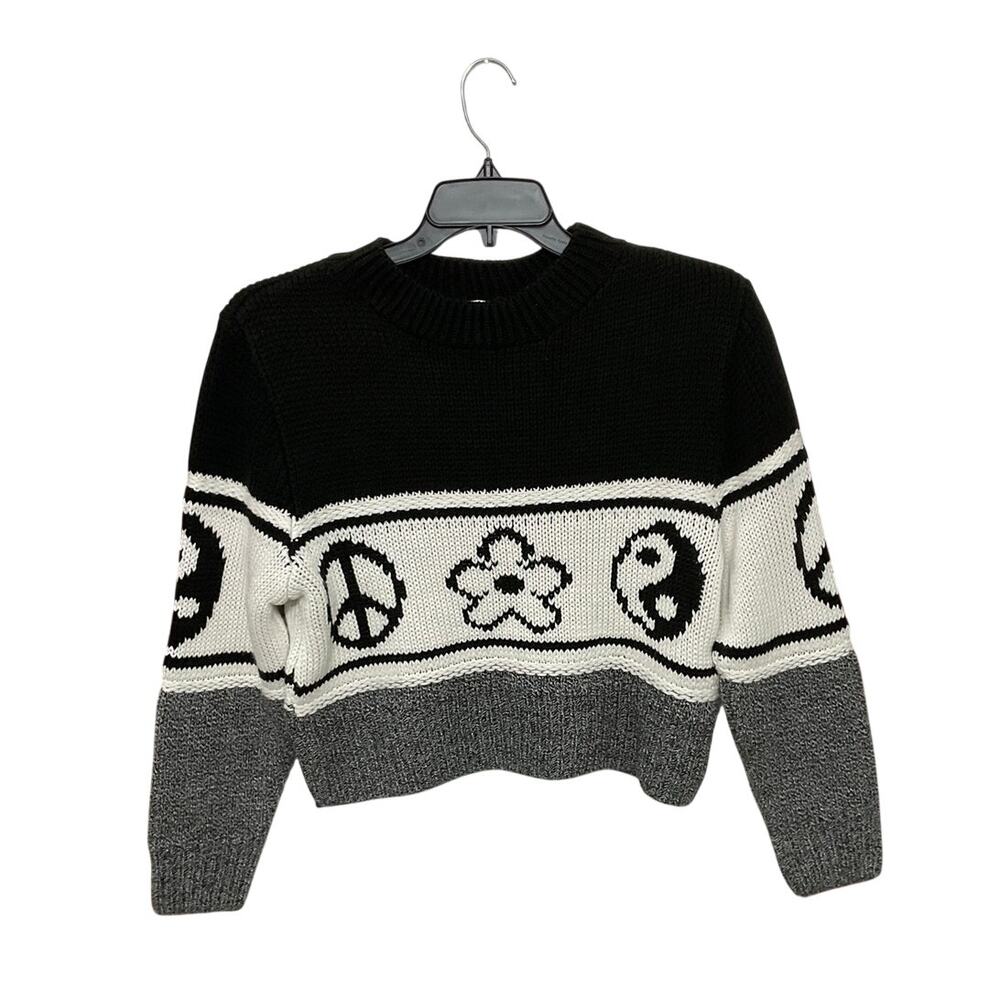 Topshop Black/White Long Sleeve Crop Pullover Sweater Size Small Peace Yin Yang
